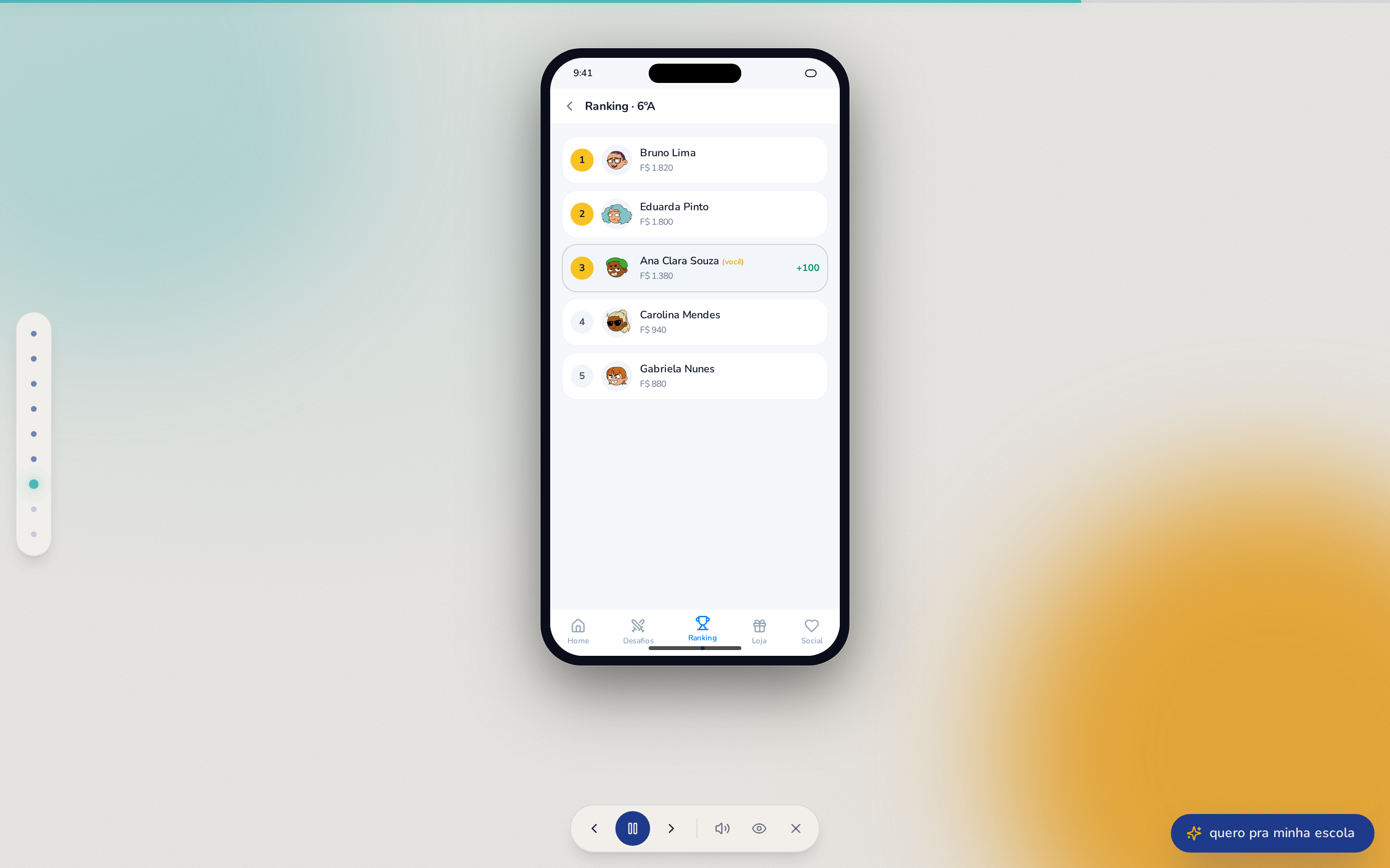 App do estudante mostrando ranking da turma com posição atual destacada.