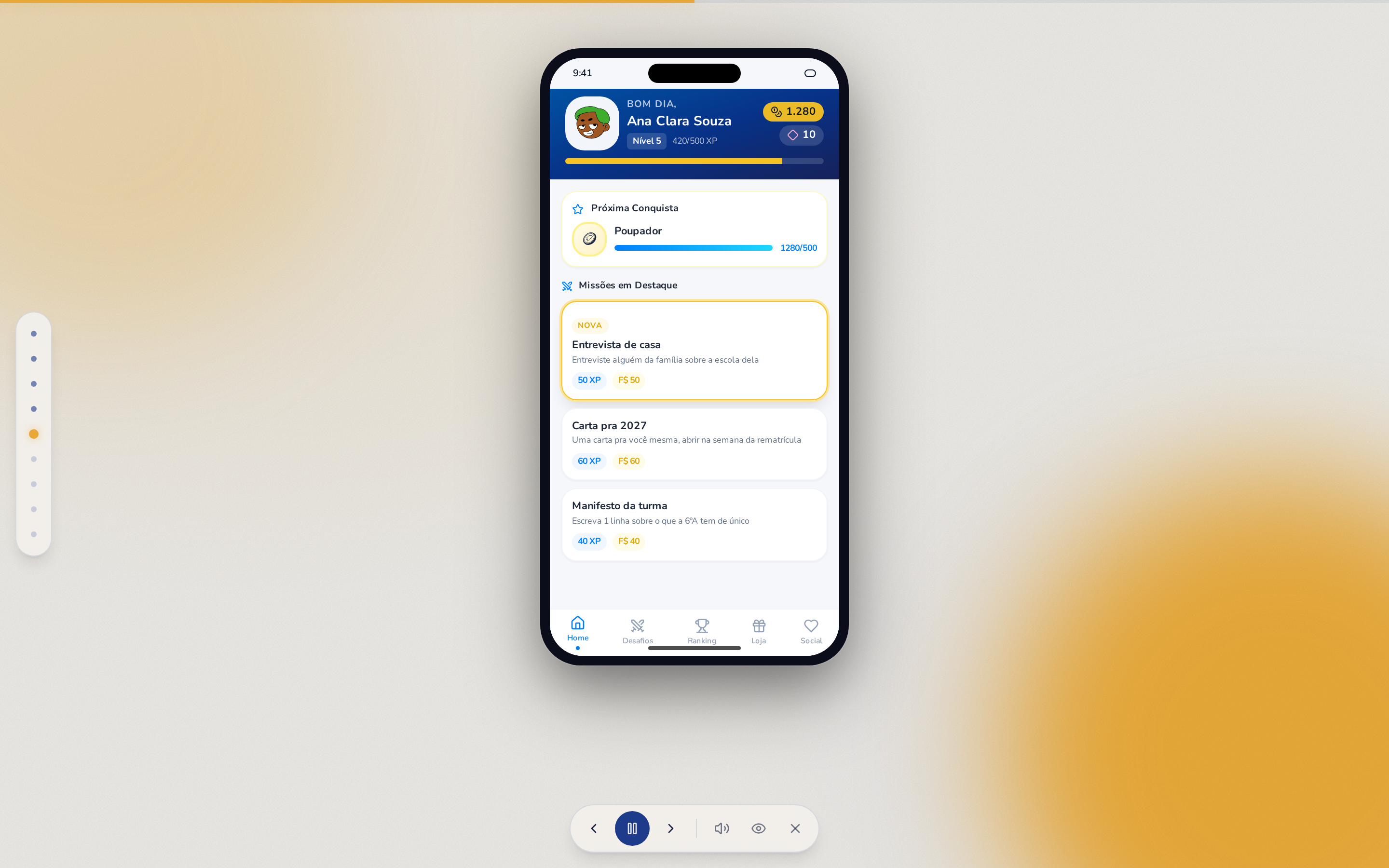 App do estudante Naches com missões, progresso e saldo